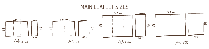 The most common leaflet sizes in a simple sketch with measurements.